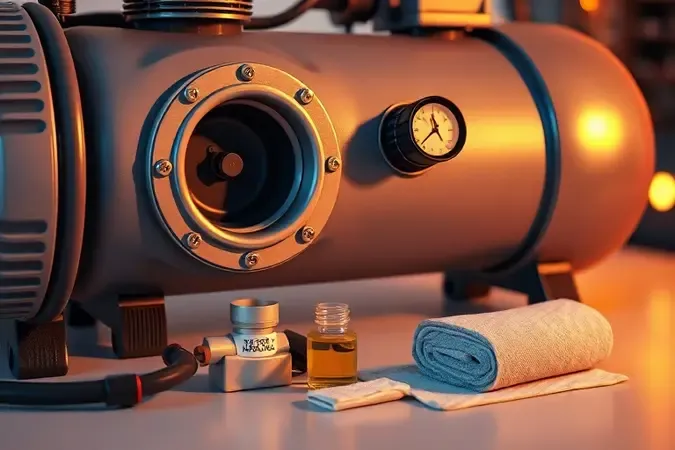 Render 3D de compressor de ar em manutenção com ferramentas de cuidado e componentes acessíveis em ambiente clean.
