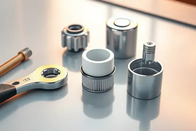 Render 3D conceitual com ferramentas de manutenção e peças limpas de compressor de ar em bancada de oficina.