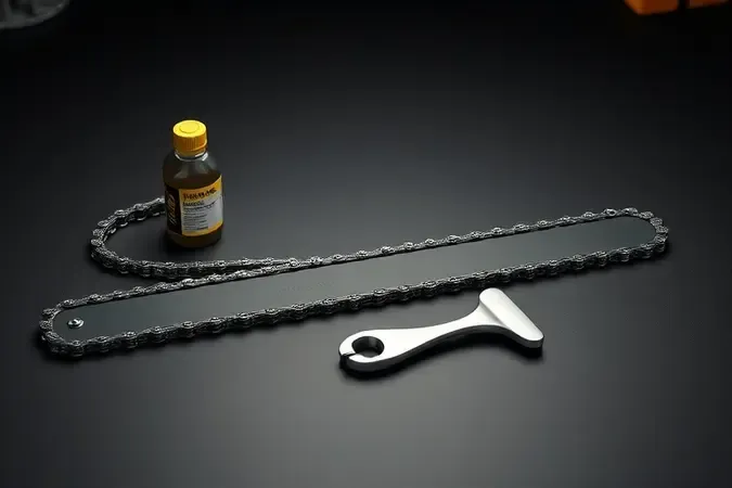 Render 3D de corrente e sabre de motosserra sem marca com óleo lubrificante e chave de manutenção em bancada de oficina.