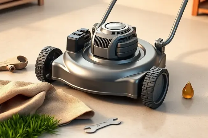 Render 3D conceitual de manutenção de cortador de grama com pano, gota de óleo estilizada e ferramenta em bancada limpa com iluminação suave.
