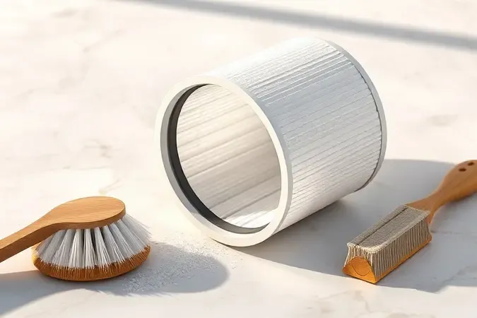 Render 3D de manutenção de filtro de aspirador industrial com escova de limpeza e texturas realistas