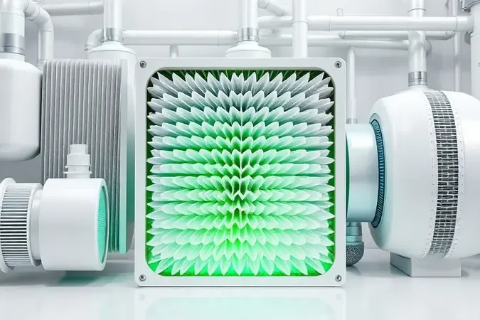 Renderização 3D conceitual de sistema de filtragem industrial com componentes laváveis destacando manutenção e durabilidade.