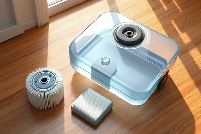 Componentes desmontados de lavadora de piso organizados sobre superfície de madeira com iluminação natural em renderização 3D conceitual.