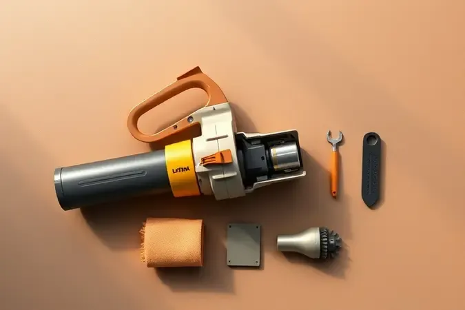 Manutenção de soprador de folhas a bateria com componentes internos e itens de limpeza em render 3D conceitual
