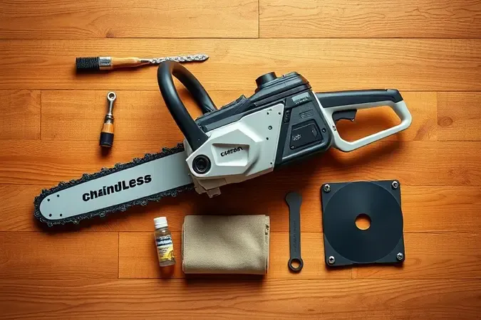 Render 3D estilo flat-lay de motosserra a bateria com acessórios de manutenção e limpeza em superfície de madeira