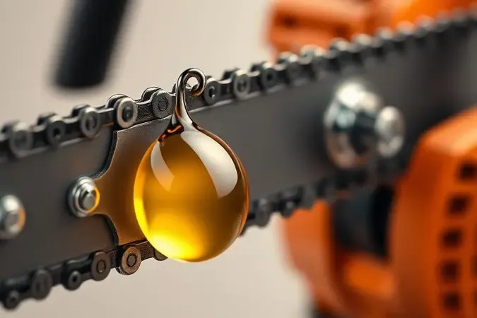 Renderização 3D em close-up de corrente e sabre de motosserra elétrica com gota de óleo dourada, ilustrando manutenção e lubrificação.