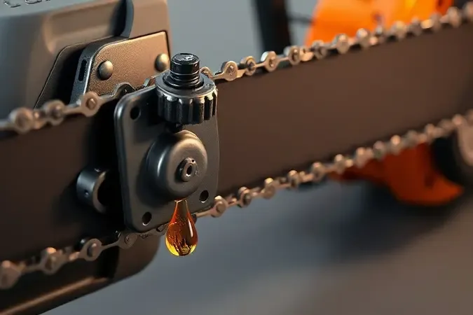 Detalhe em render 3D de manutenção de motosserra com ferramenta de tensionamento e lubrificação da corrente