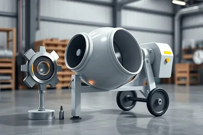 Render 3D conceitual de manutenção preventiva em betoneira com engrenagens estilizadas e ponto de lubrificação destacado.