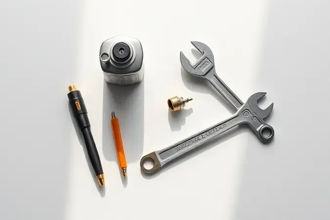 Renderização 3D de ferramentas e suprimentos para manutenção de roçadeira a combustão em composição limpa.
