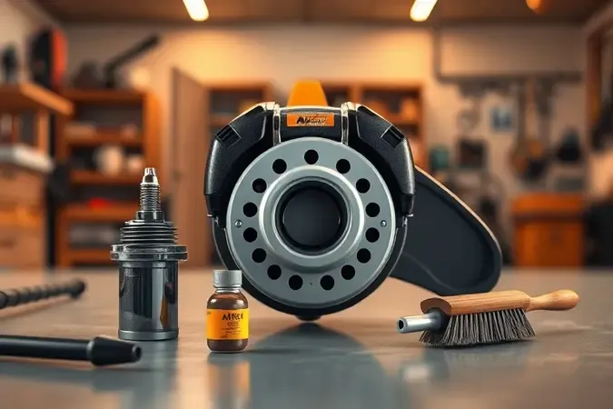 Composição conceitual 3D de itens de manutenção para roçadeira com velas, filtros e lubrificantes sobre bancada limpa.