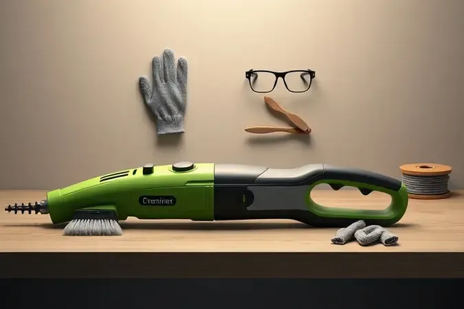 Renderização 3D de bancada com roçadeira elétrica e itens de manutenção como luvas, óculos de proteção e carretel de nylon.