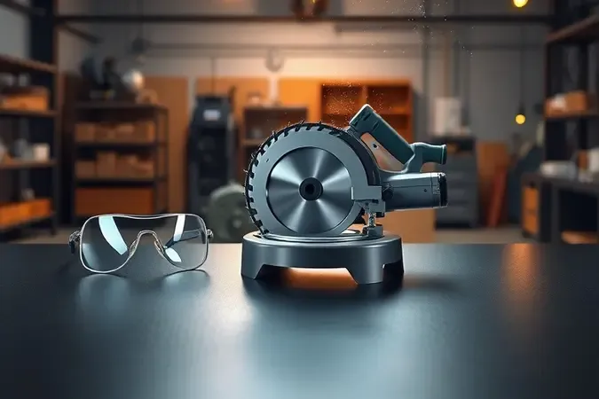 Render 3D conceitual de equipamentos de proteção e lâmina de serra circular em bancada de manutenção com atmosfera clean