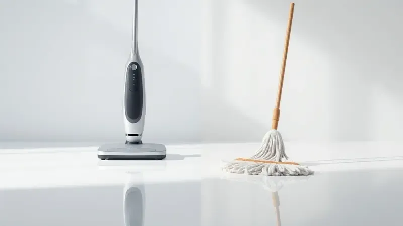 Comparação conceitual entre lavadora de piso elétrica moderna e mop manual tradicional lado a lado em renderização 3D.