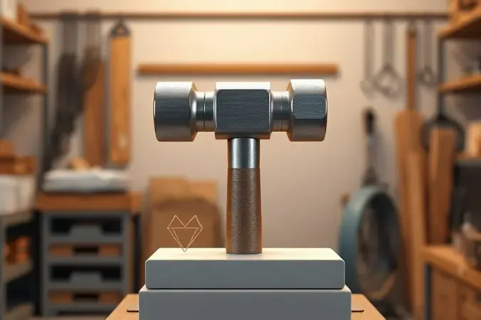 Renderização 3D de cabeça de marreta de peso médio sobre base minimalista com indicadores visuais abstratos de peso ideal.