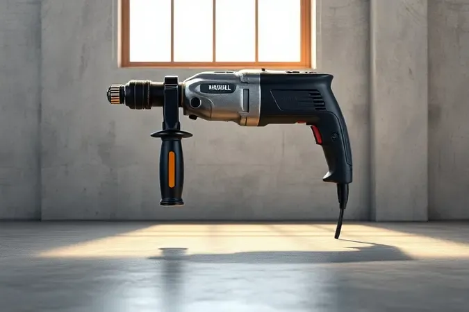 Renderização 3D de martelete profissional sem marca em superfície de concreto com iluminação natural suave e composição elegante.