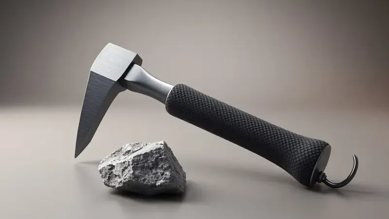 Render 3D de martelo de geólogo com ponta tipo picareta para coleta precisa de amostras minerais em campo.