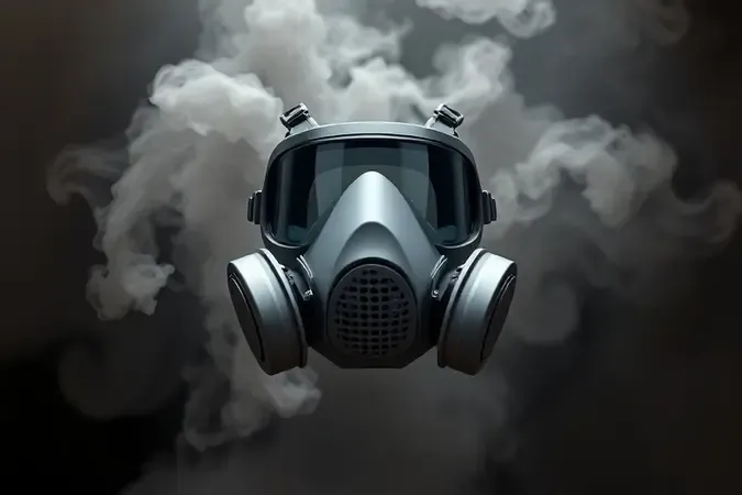 Respirador conceitual 3D filtrando partículas de fumaça em ambiente com atmosfera esfumaçada