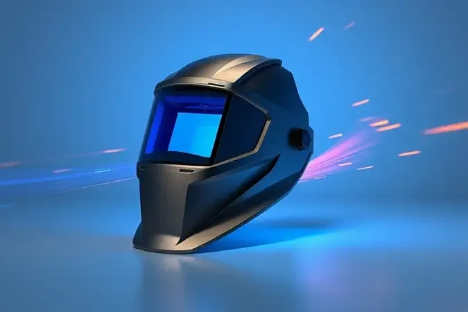 Render 3D de máscara de solda automática com efeitos visuais representando agilidade e eficiência no trabalho