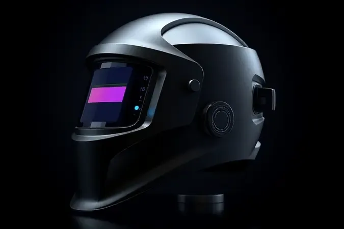 Render 3D de máscara de solda profissional com controles de sensibilidade e design ergonômico premium