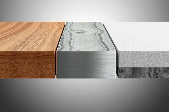 Comparação em close-up de materiais para bancada incluindo madeira maciça aço inoxidável e compósito em render 3D detalhado