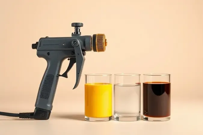 Pistola de pintura elétrica ao lado de recipientes com diferentes materiais como tinta látex, verniz e stain para madeira