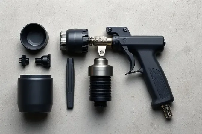 Renderização 3D de componentes desmontados de pistola de pintura elétrica exibindo diferentes materiais como plástico, metal e borracha.