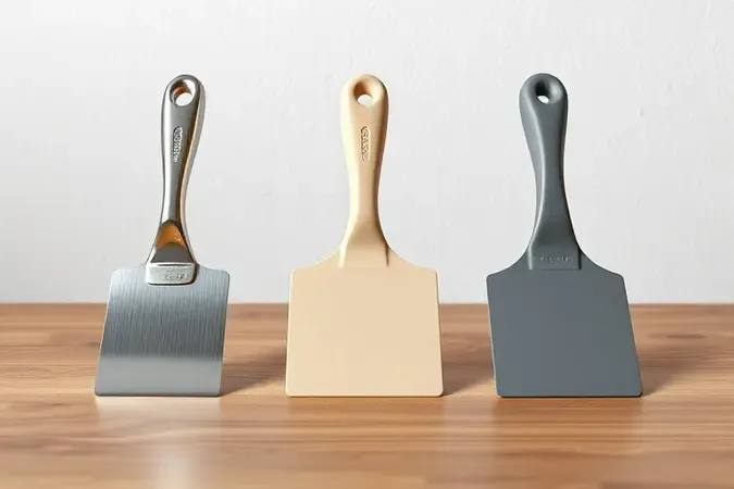 Comparação de materiais de desempenadeira para massa corrida em aço, plástico e borracha sobre superfície de madeira.