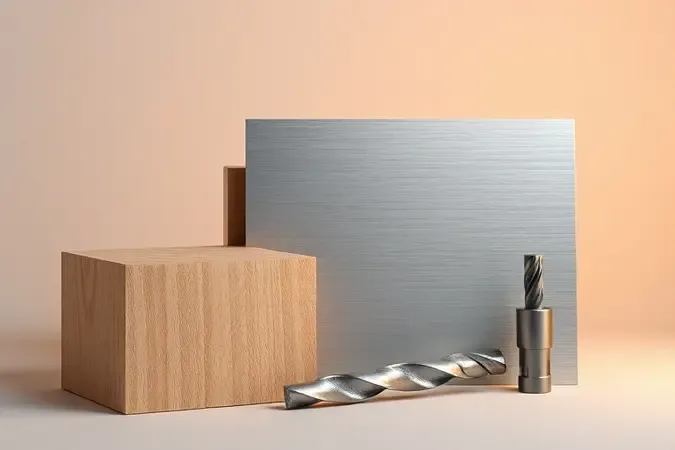 Render 3D de broca de furadeira próxima a amostras de madeira, alumínio e aço representando diferentes materiais de perfuração.