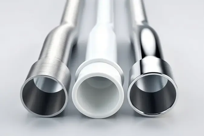 Renderização 3D conceitual com três seções de tubos de sifão em diferentes materiais: aço inoxidável, PVC branco e cromo polido.