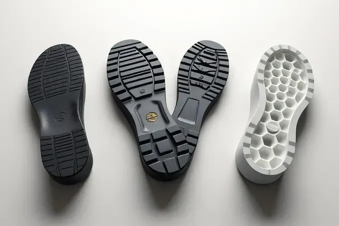 Estudo conceitual em 3D de materiais de solado para botas de segurança: borracha, PVC e poliuretano com diferentes texturas e acabamentos.
