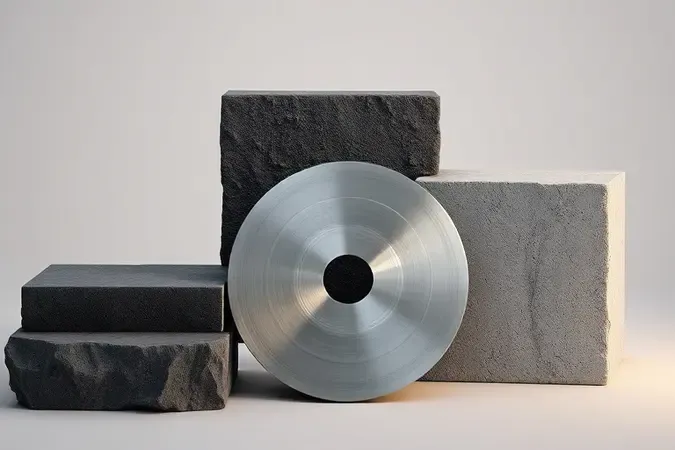 Renderização 3D mostrando disco abrasivo ao lado de diferentes materiais como pedra, aço escovado e concreto.