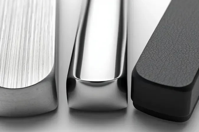 Comparação visual de diferentes materiais e acabamentos de talhadeiras em renderização 3D conceitual