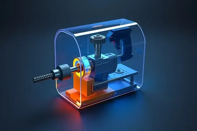 Visualização conceitual 3D do mecanismo interno de impacto de uma furadeira com componentes mecânicos em renderização limpa.