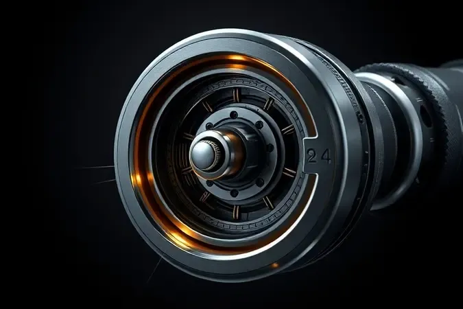 Renderização 3D de mecanismo de impacto com anéis metálicos concêntricos e detalhes em cobre anodizado representando potência e torque.