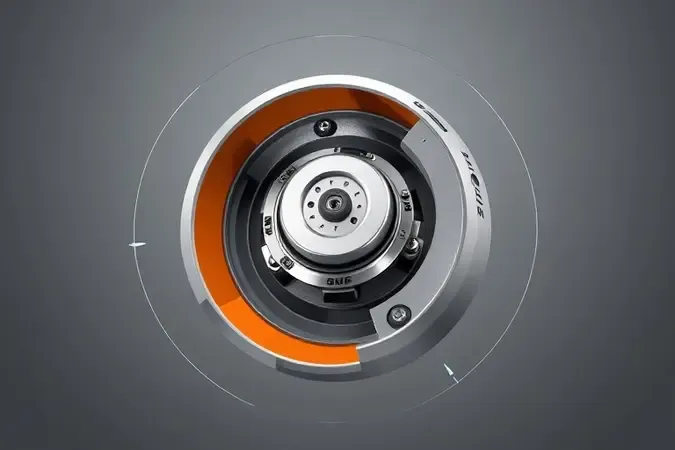 Render 3D conceitual do mecanismo de dupla ação de lixadeira roto orbital com movimento circular e orbital simultâneo.