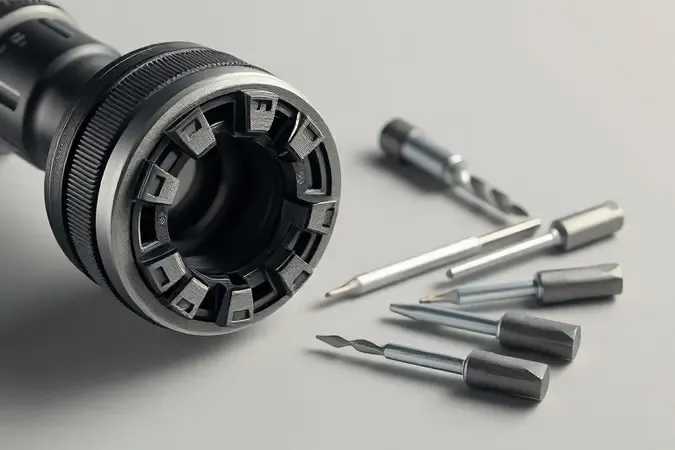 Renderização 3D em close do mecanismo SDS Plus de martelete rompedor com brocas genéricas flutuantes em composição profissional.