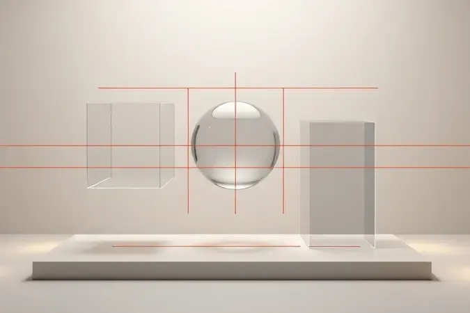 Formas geométricas 3D com feixes de laser representando medição de áreas e volumes.