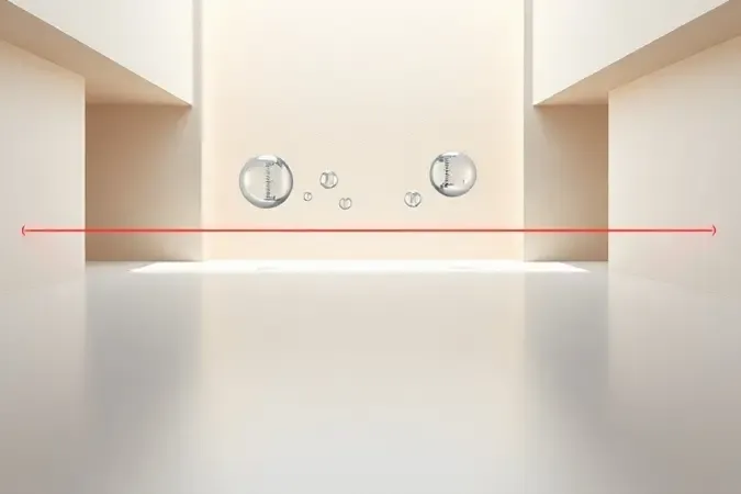 Renderização 3D conceitual de medição linear com laser vermelho atravessando espaço minimalista.
