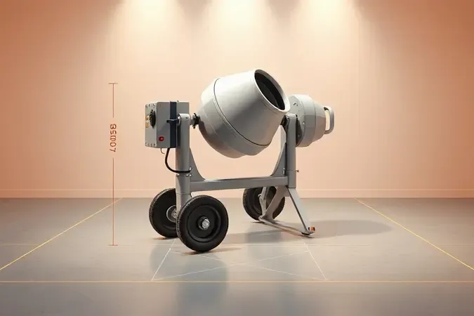 Render 3D conceitual de betoneira com indicadores de medidas projetados em estúdio minimalista.