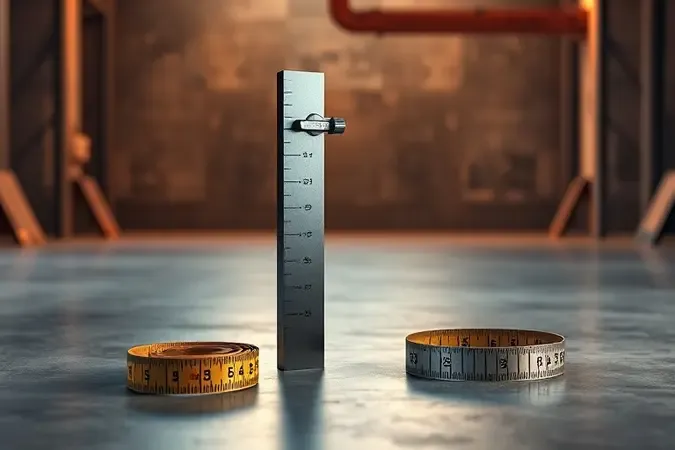 Renderização 3D conceitual de esquadro de engenharia de precisão sobre superfície de concreto com trena curva ao lado em ambiente industrial moderno
