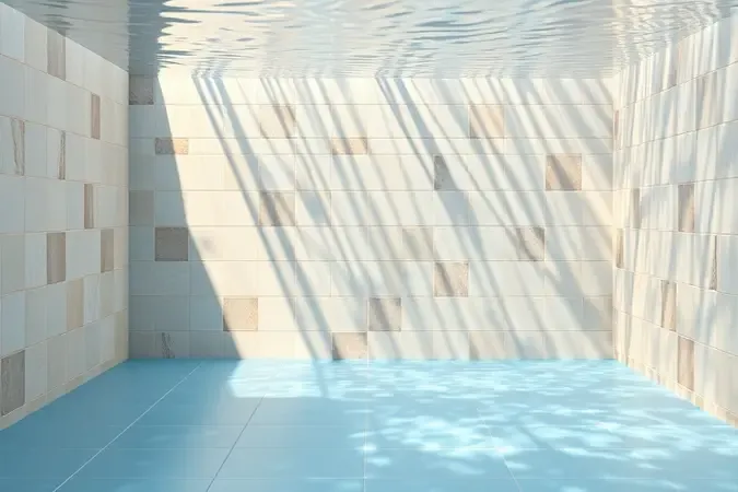 Renderização 3D conceitual de canto de piscina com rejunte perfeito demonstrando durabilidade e resistência à água