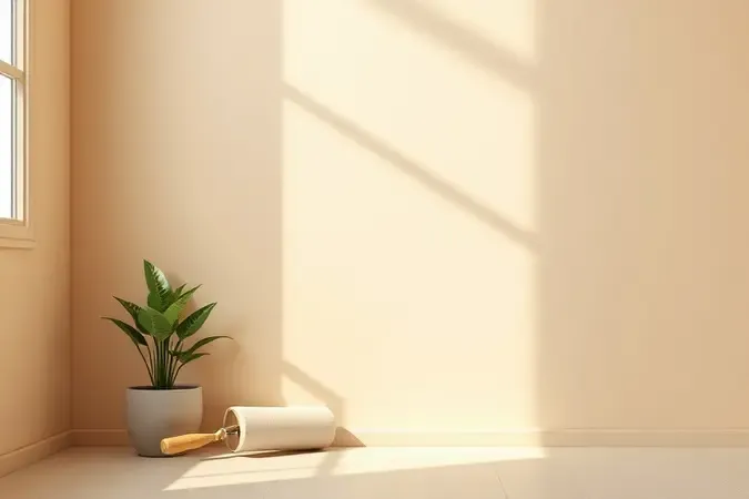 Renderização 3D de parede interna impecável com pintura em tom neutro e rolo de pintura em ambiente minimalista.