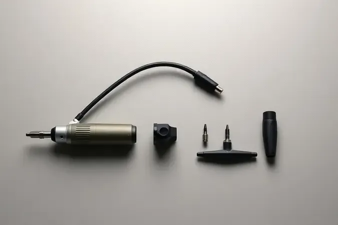 Kit de micro retífica 3D com eixo flexível, empunhadura auxiliar e guia de precisão em composição horizontal.