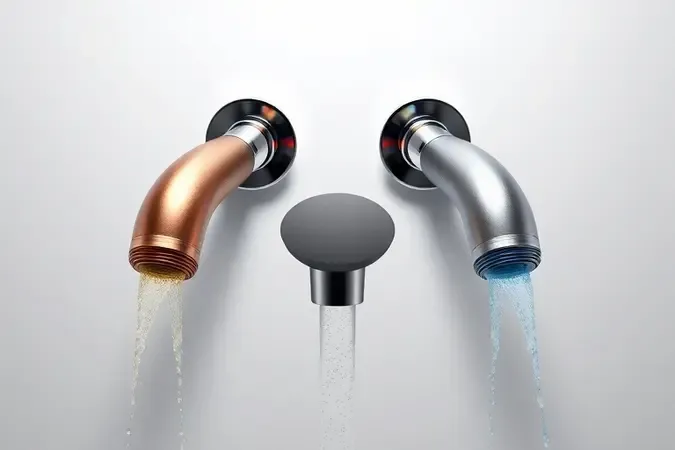 Renderização 3D conceitual de sistema misturador de temperatura com tubulações de cobre e cromo para ducha higiênica.