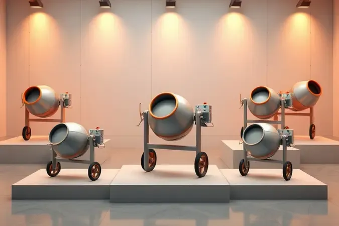 Render 3D conceitual de diferentes modelos de betoneiras sem marca expostos em galeria moderna minimalista.