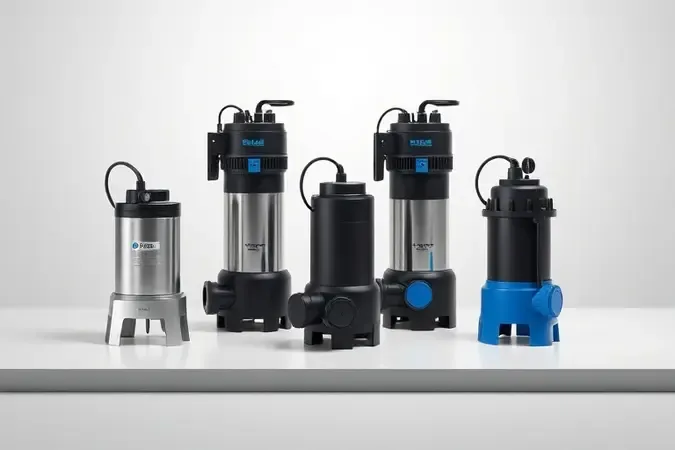 Renderização 3D de diferentes modelos conceituais de bombas submersas com design moderno e materiais realistas.