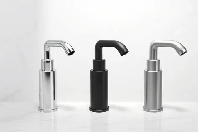 Três modelos conceituais de duchas higiênicas com diferentes acabamentos sobre superfície de mármore branco