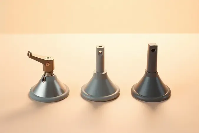 Três modelos conceituais de ventosas de sucção com diferentes designs de mecanismo sobre superfície minimalista em renderização 3D.