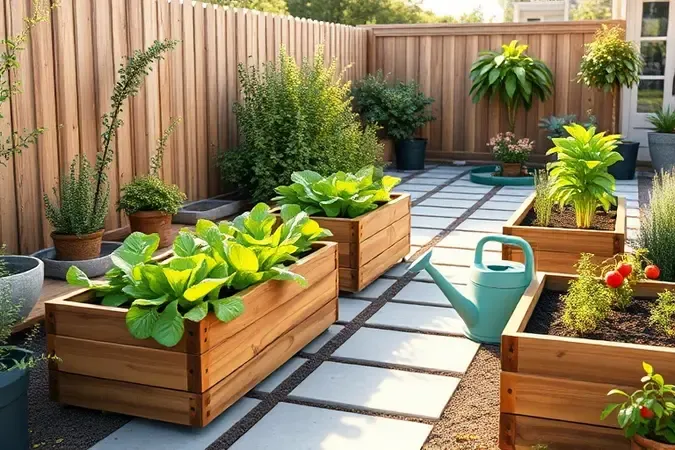 Horta caseira em canteiros elevados de madeira com vegetais frescos e ferramentas de jardinagem em renderização 3D