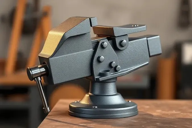 Renderização 3D de morsa de bancada com base giratória em posição angular, destacando mecanismo de rotação.